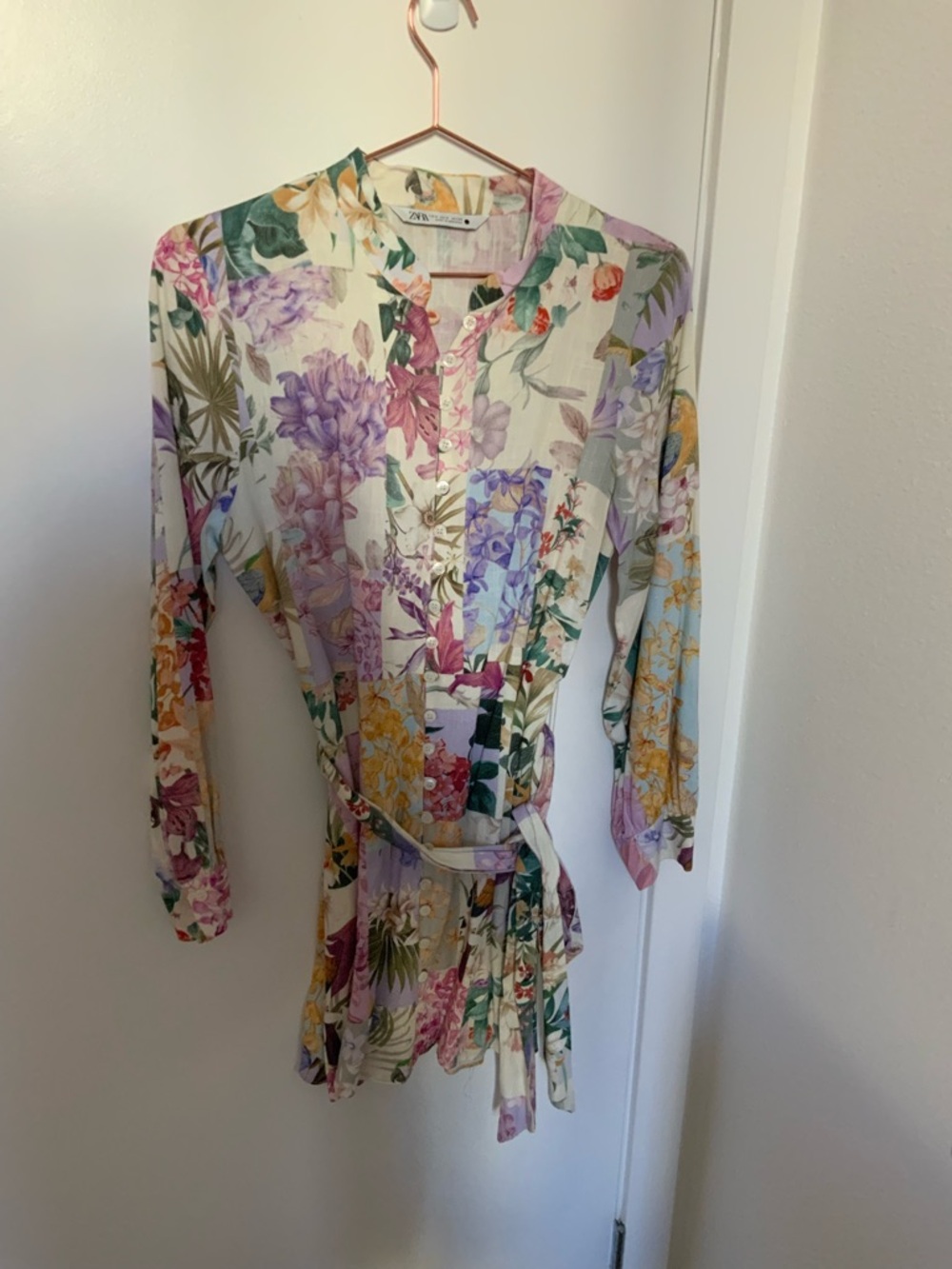 Zara Floral Long Sleeve Button-Up Dress in Cream, Purple, Pink, Yellow, Green